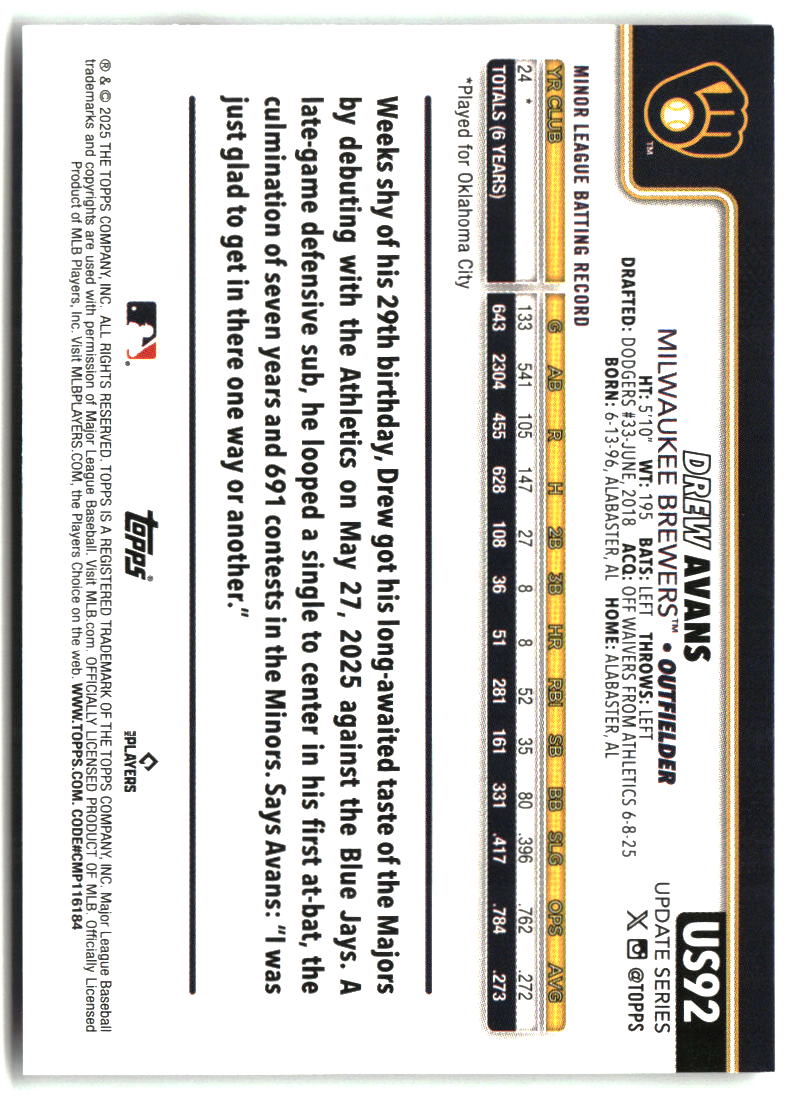 Drew Avans 2025 Topps Update #US92