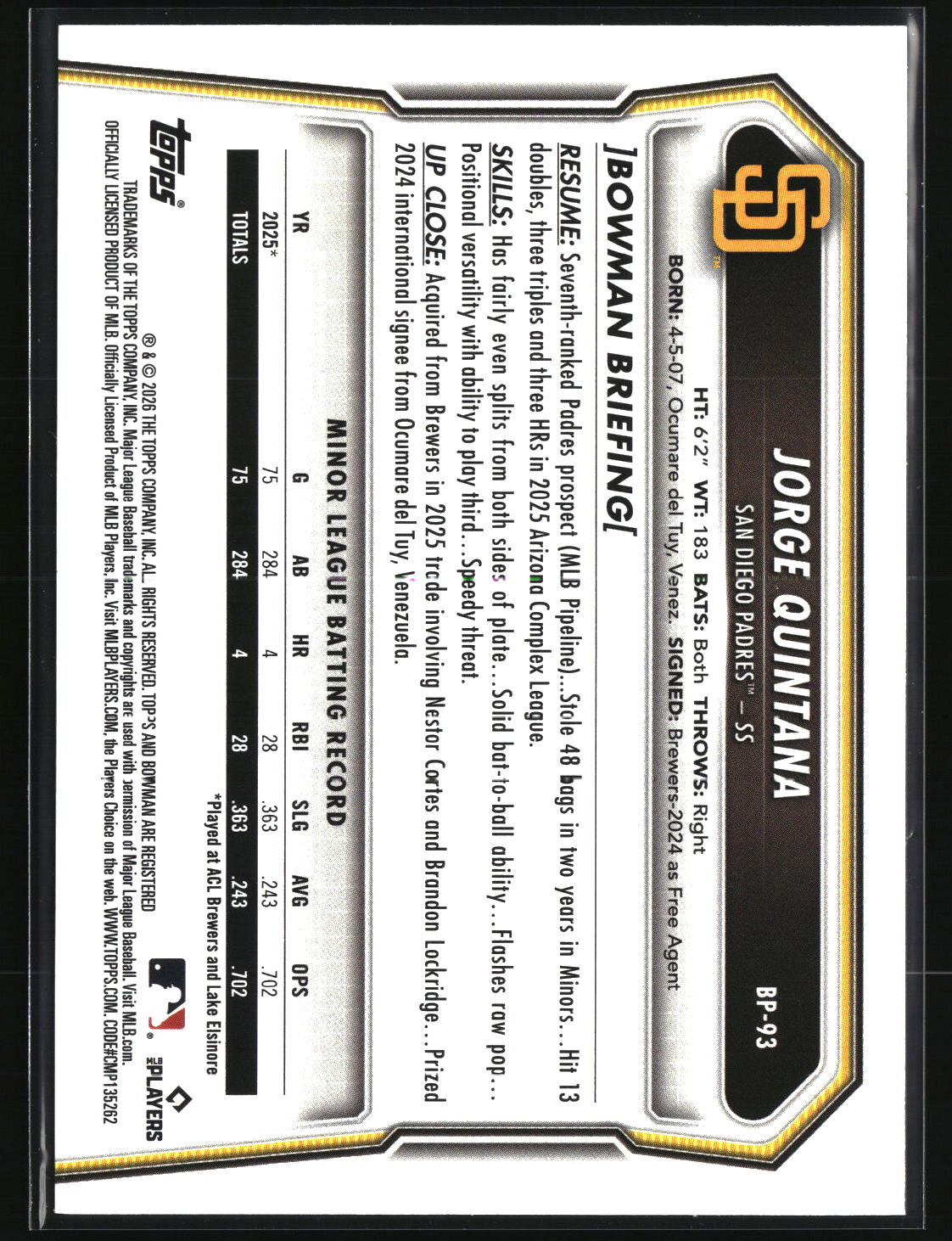 Jorge Quintana 2026 Bowman Prospects #BP-93