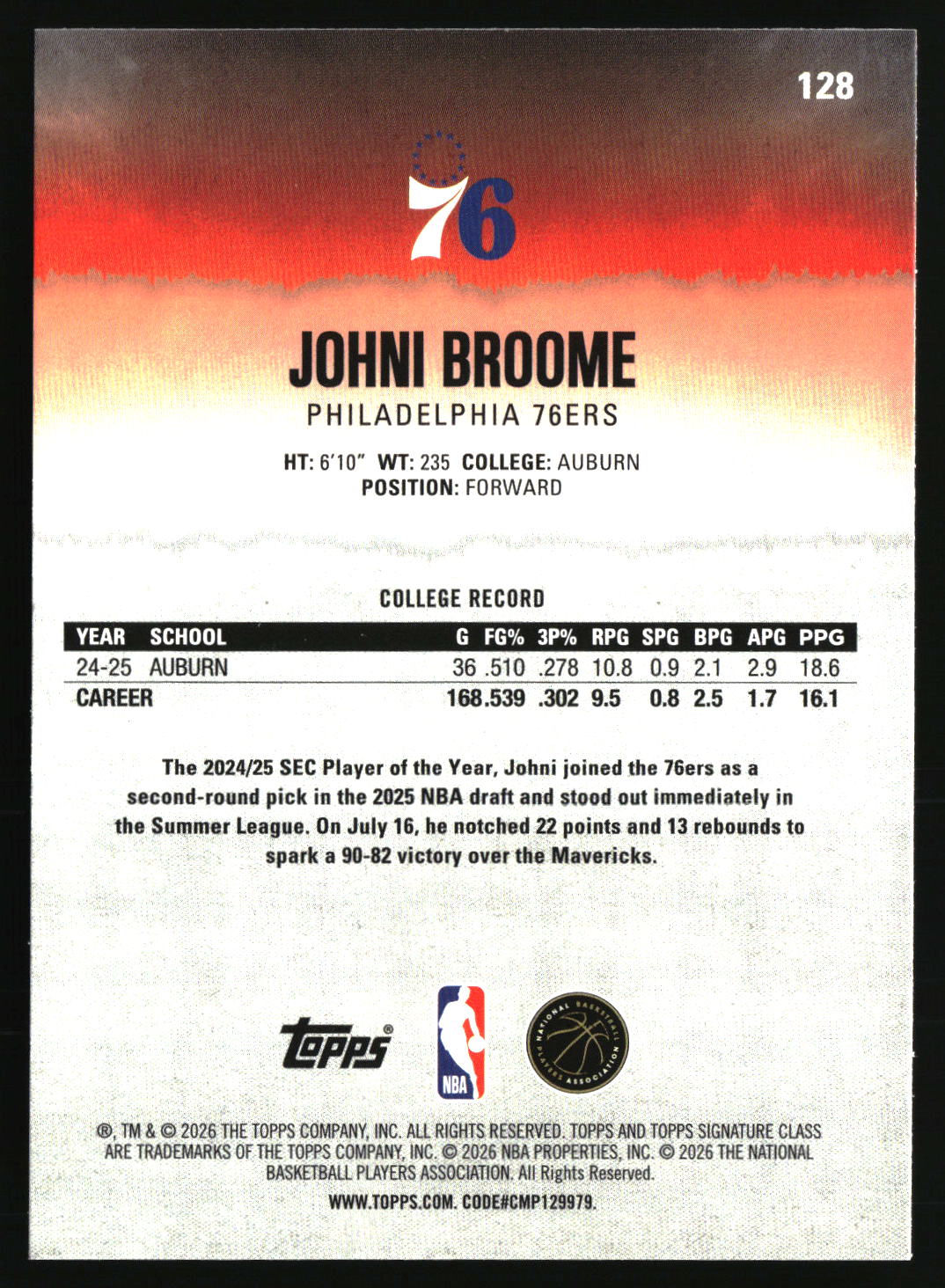 Johni Broome 2025-26 Topps Signature Class #128