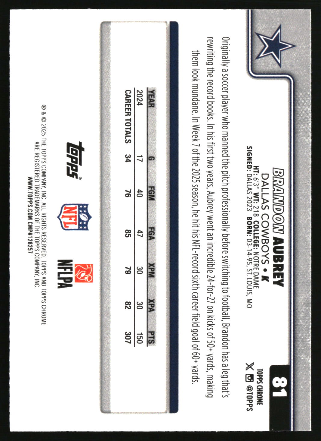 Brandon Aubrey 2025 Topps Chrome Pulsar Refractor #81