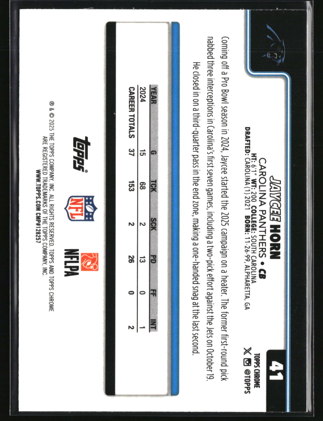 Jaycee Horn 2025 Topps Chrome Pulsar Refractor #41