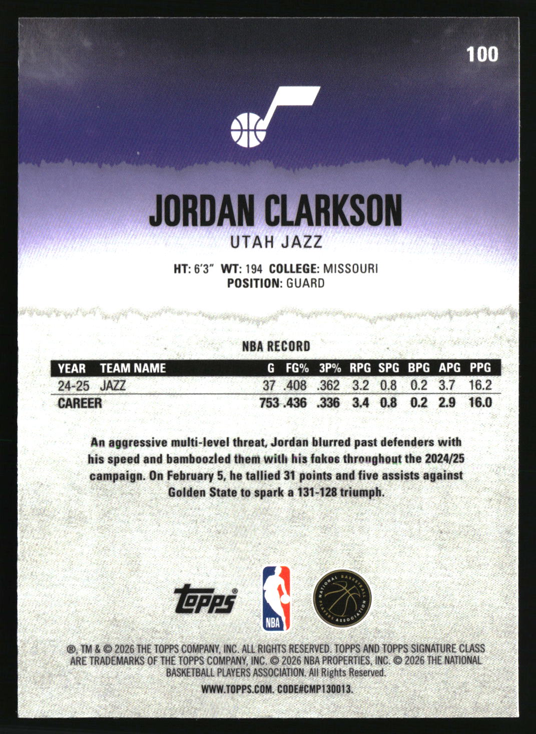 Jordan Clarkson 2025-26 Topps Signature Class Chrome #100