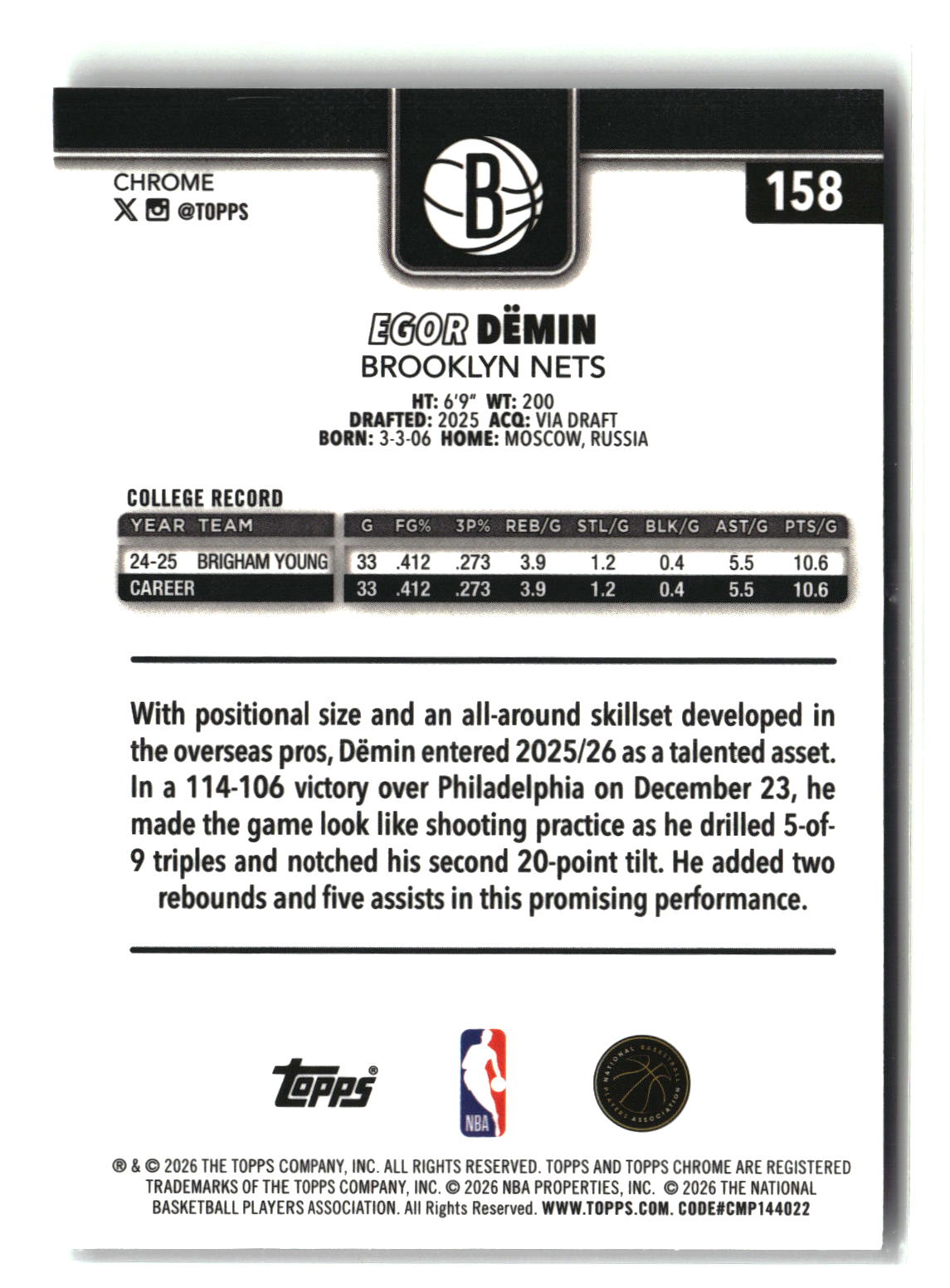Egor Demin 2025-26 Topps Chrome Update #158