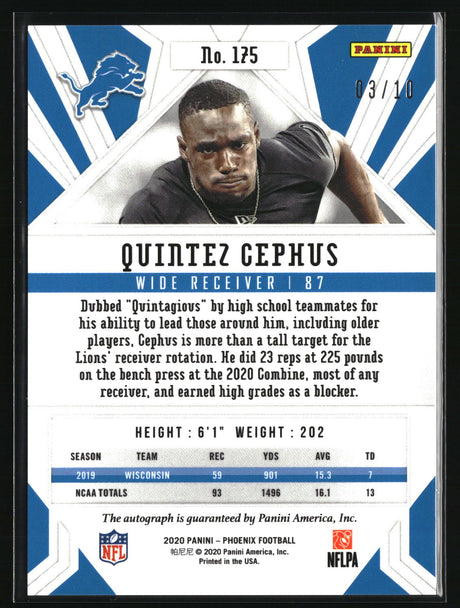 Quintez Cephus 2020 Panini Phoenix Rookie Autographs Green #175 #/10