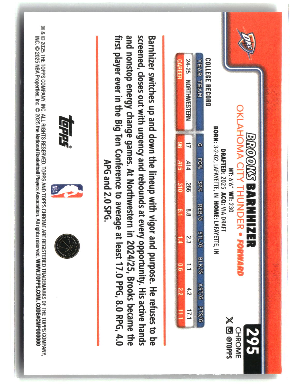 Brooks Barnhizer 2025-26 Topps Chrome #295