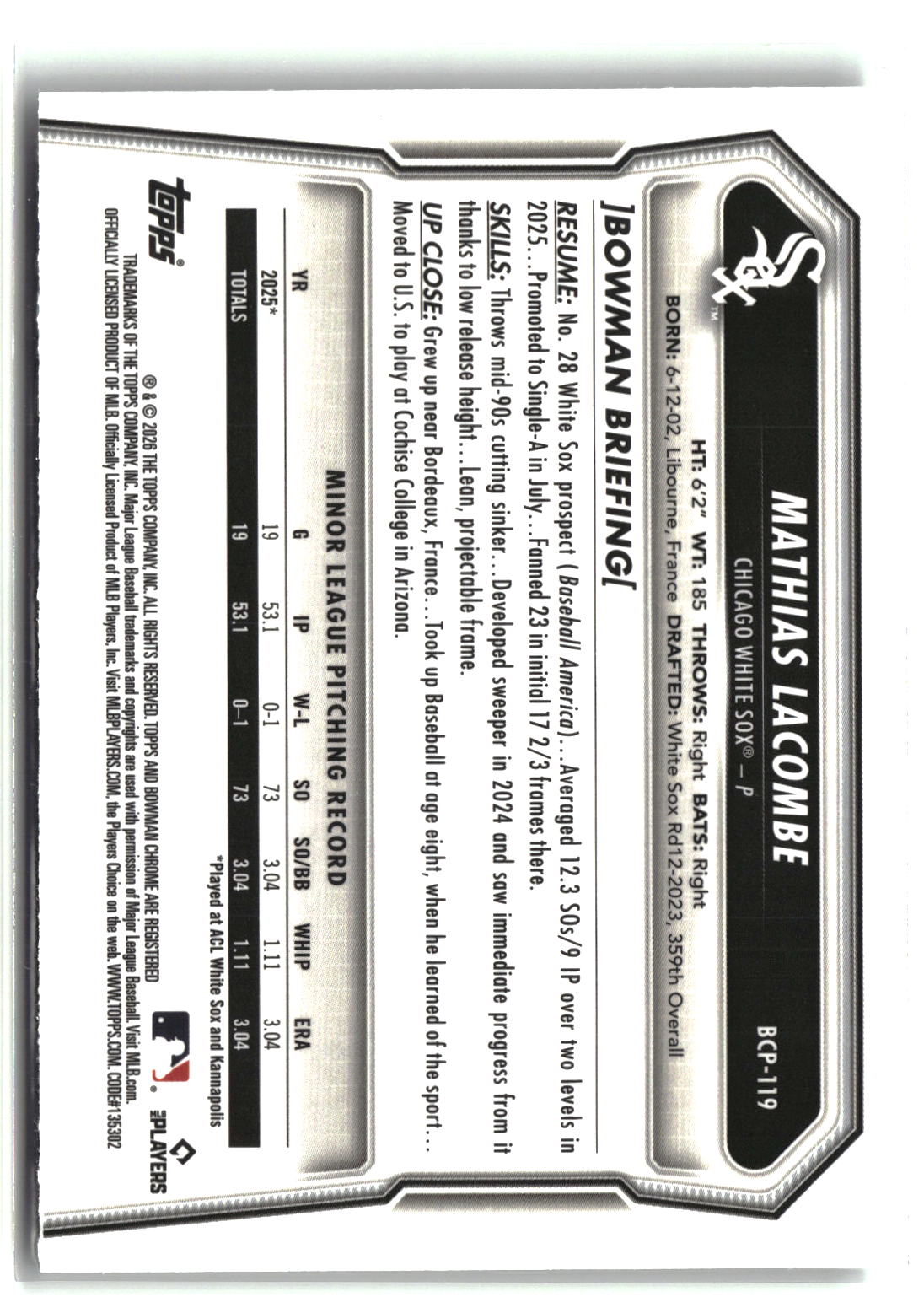 Mathias Lacombe 2026 Bowman Chrome Prospects #BCP-119