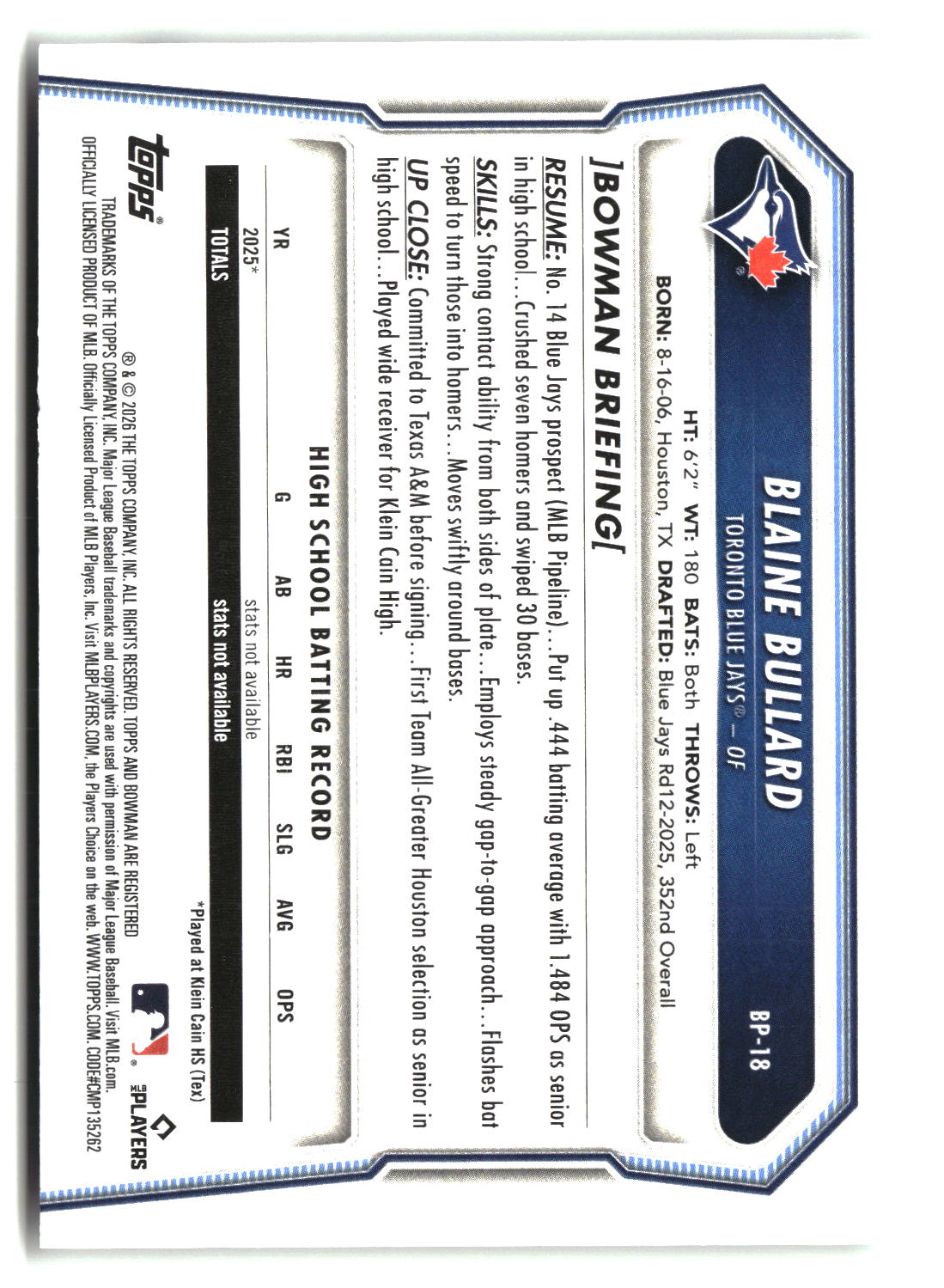 Blaine Bullard 2026 Bowman Prospects #BP-18
