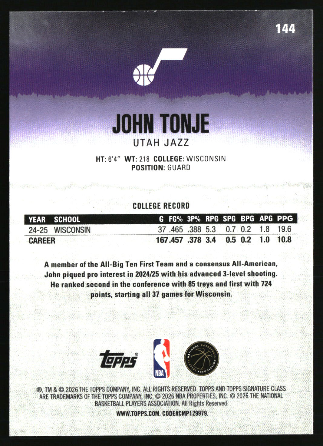 John Tonje 2025-26 Topps Signature Class #144