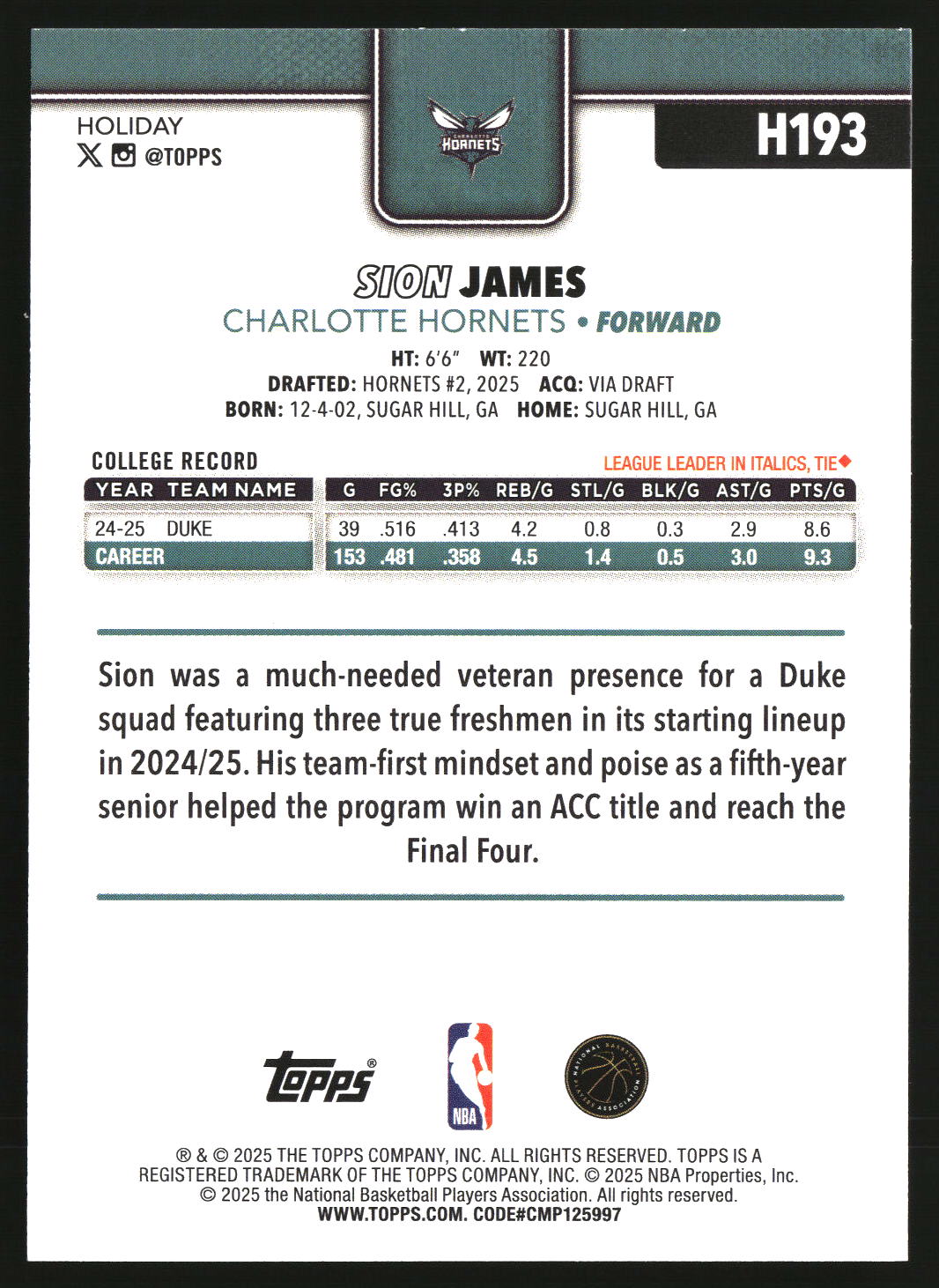 Sion James 2025-26 Topps Holiday #H193