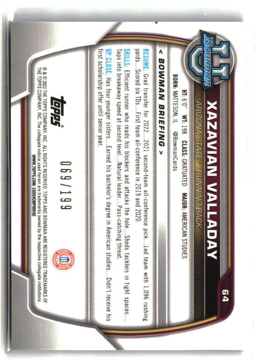 Xazavian Valladay 2022 Bowman University Chrome Blue RayWave Refractor #64 #/199