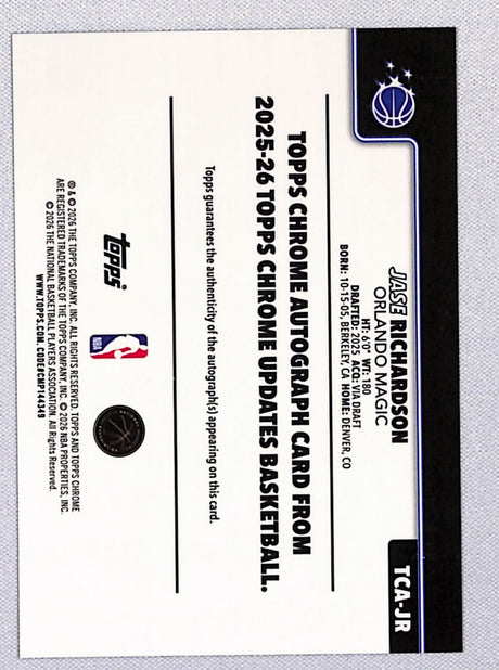 Jase Richardson 2025-26 Topps Chrome Update Chrome Autographs #TCA-JR