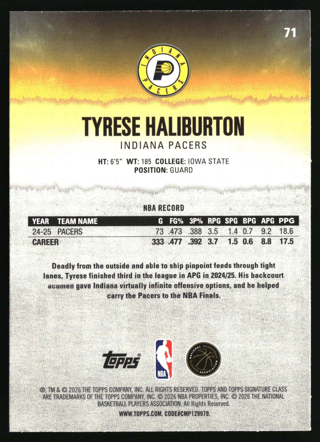 Tyrese Haliburton 2025-26 Topps Signature Class #71