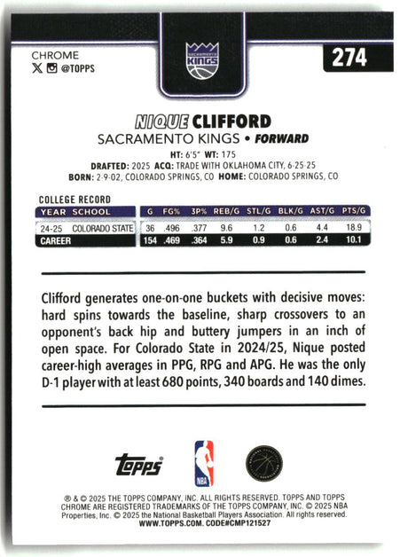 Nique Clifford 2025-26 Topps Chrome #274