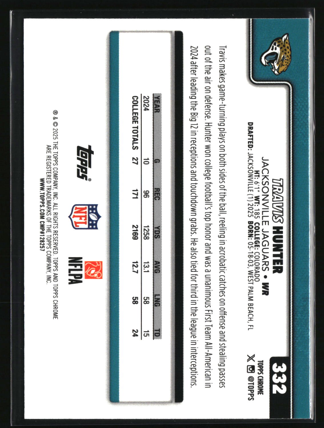 Travis Hunter 2025 Topps Chrome #332
