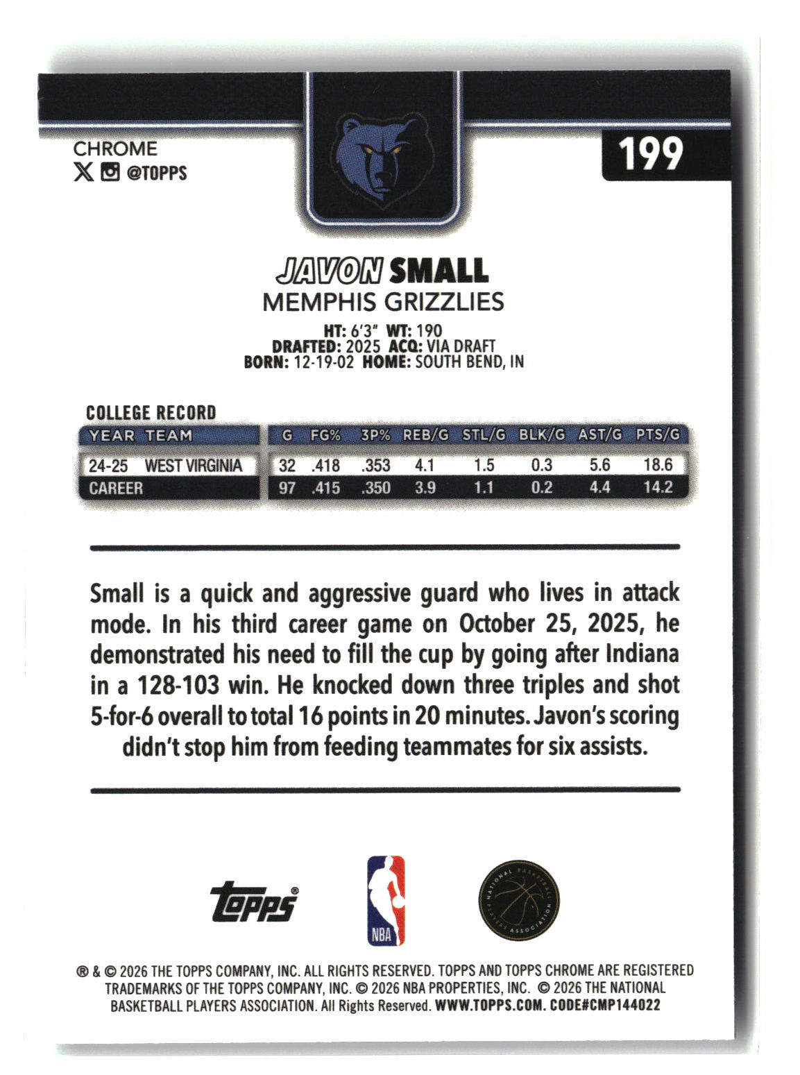 Javon Small 2025-26 Topps Chrome Update #199