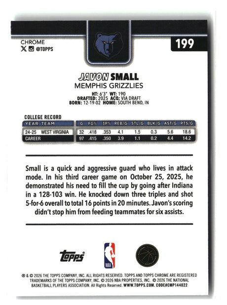 Javon Small 2025-26 Topps Chrome Update #199
