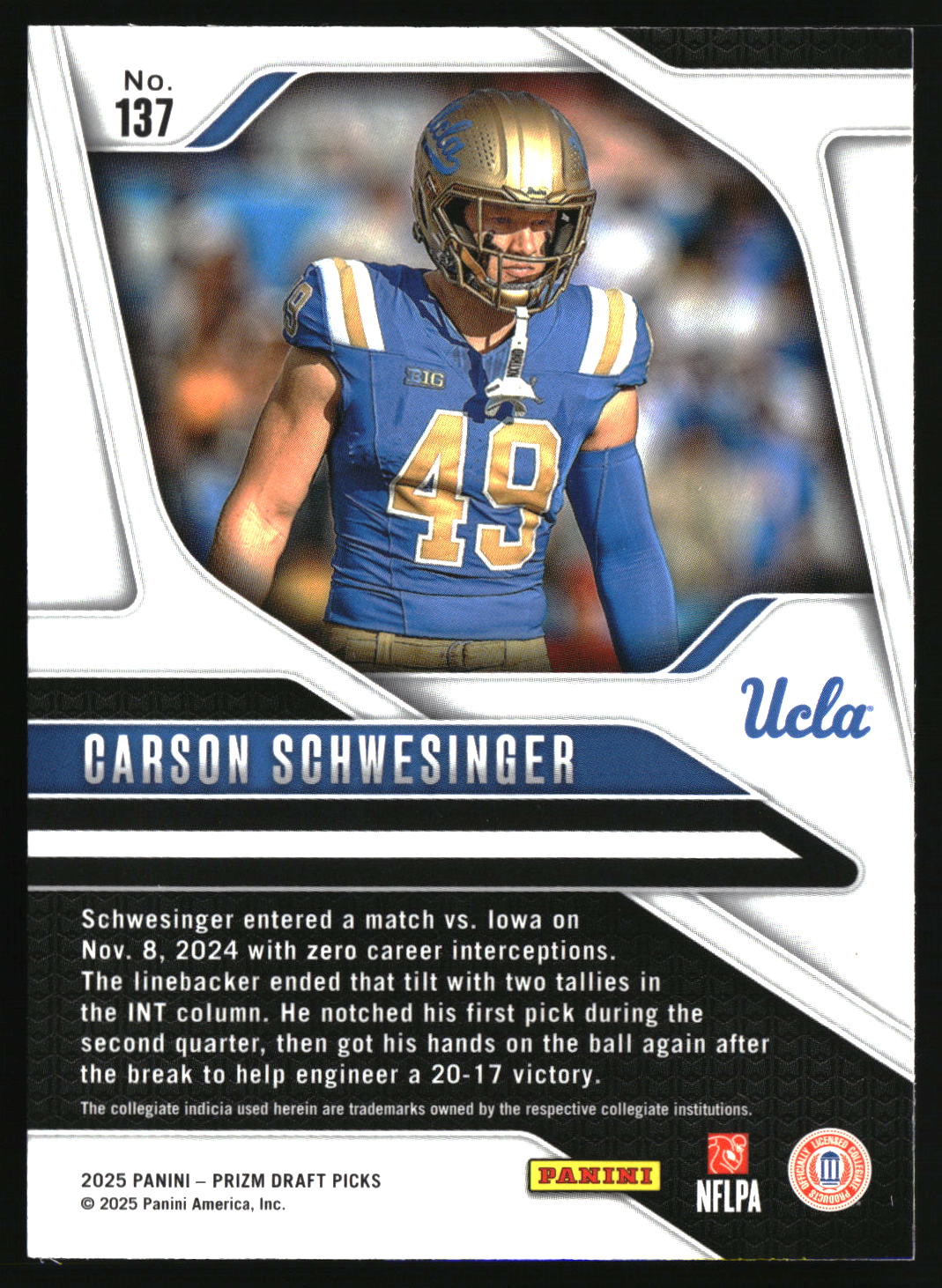 Carson Schwesinger 2025 Panini Prizm Draft Picks #137