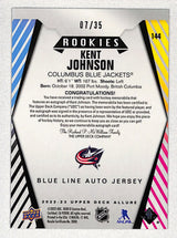 Kent Johnson 2022-23 Upper Deck Allure Auto Mem Blue Line #144 #/35