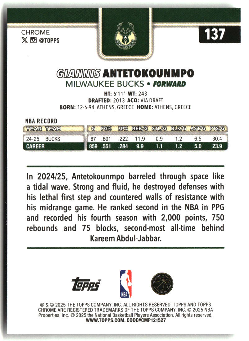 Giannis Antetokounmpo 2025-26 Topps Chrome #137