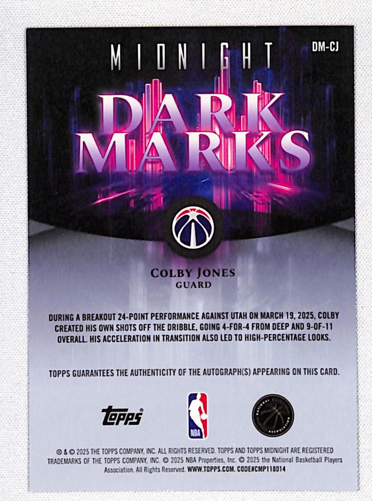 Colby Jones 2025-26 Topps Midnight Dark Marks Signatures Dusk #DM-CJ #/75