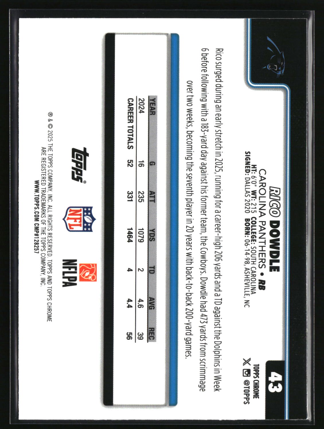 Rico Dowdle 2025 Topps Chrome Ray Wave Refractor #43