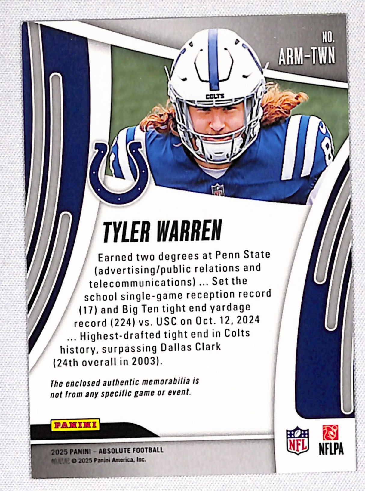 Tyler Warren 2025 Panini Absolute Absolute Rookie Materials #ARM-TWN