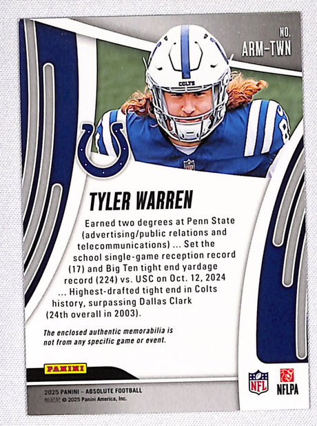 Tyler Warren 2025 Panini Absolute Absolute Rookie Materials #ARM-TWN