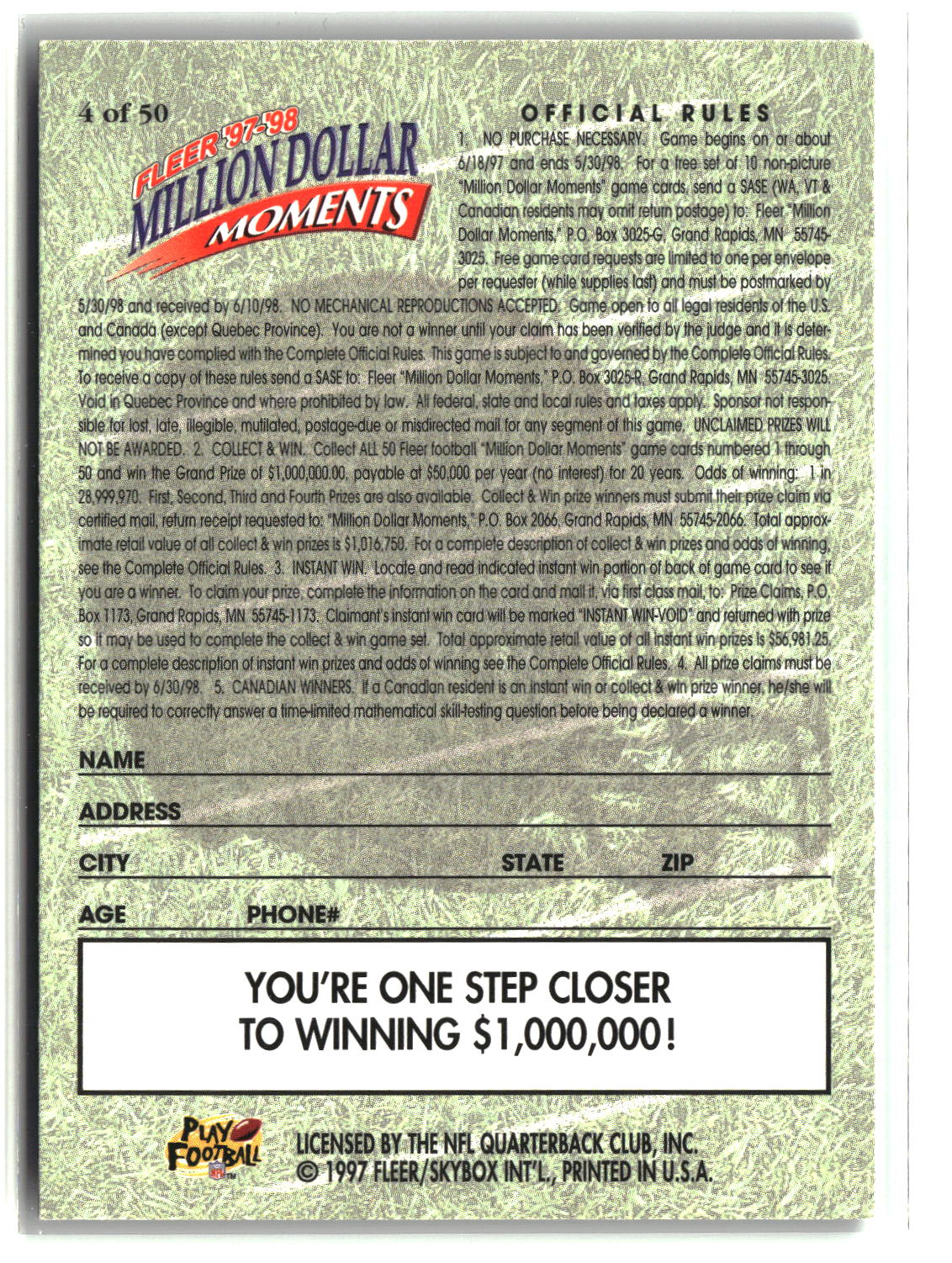 Barry Sanders 1997 Fleer Million Dollar Moments Game Cards #4