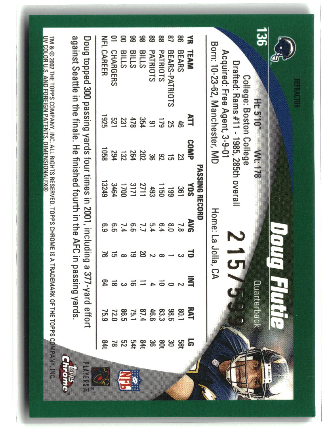 Doug Flutie 2002 Topps Chrome Black Refractors #136 #/599