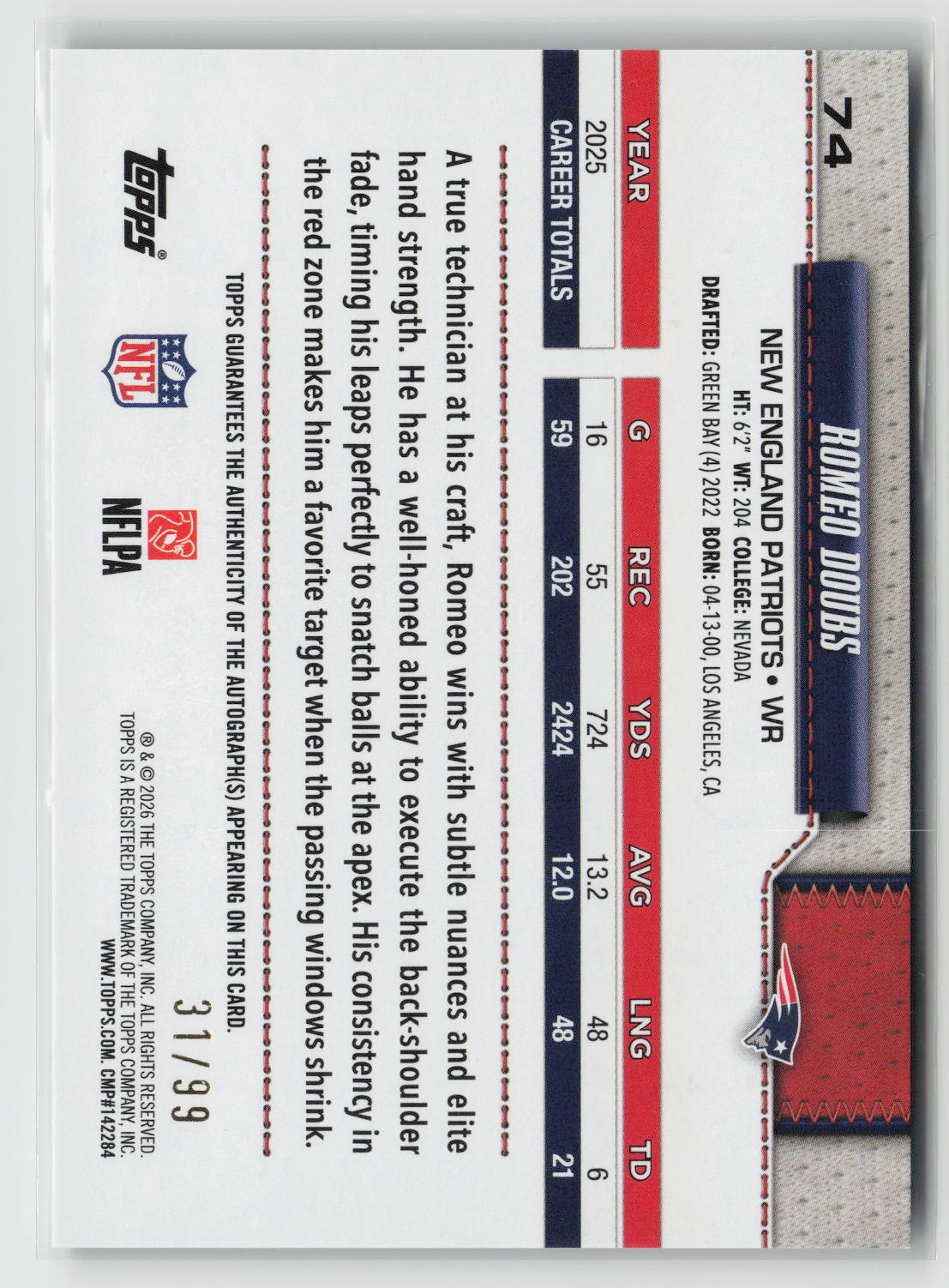 Romeo Doubs 2026 Topps Flagship Real One Autographs Green #74