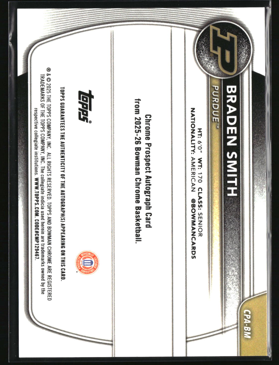 Braden Smith 2025-26 Bowman Chrome Prospect Autographs Purple #CPA-BM #/250