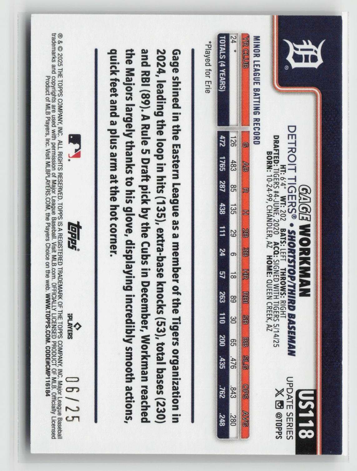 Gage Workman 2025 Topps Update Wood #US118
