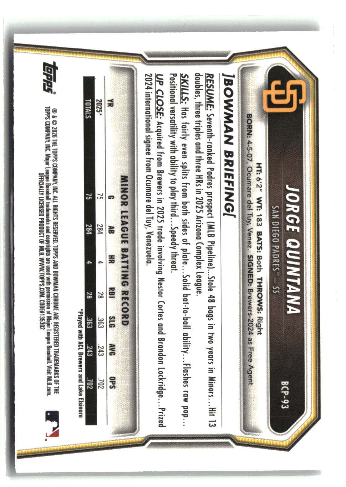 Jorge Quintana 2026 Bowman Chrome Prospects #BCP-93