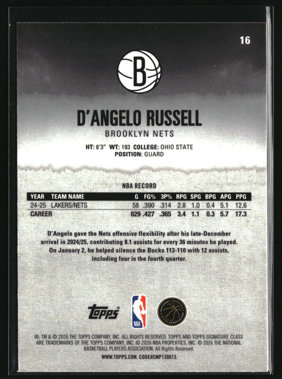 D'Angelo Russell 2025-26 Topps Signature Class Lime /175 #16