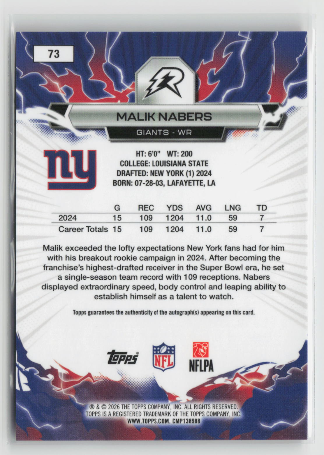 Malik Nabers 2025 Topps Resurgence Signatures #73