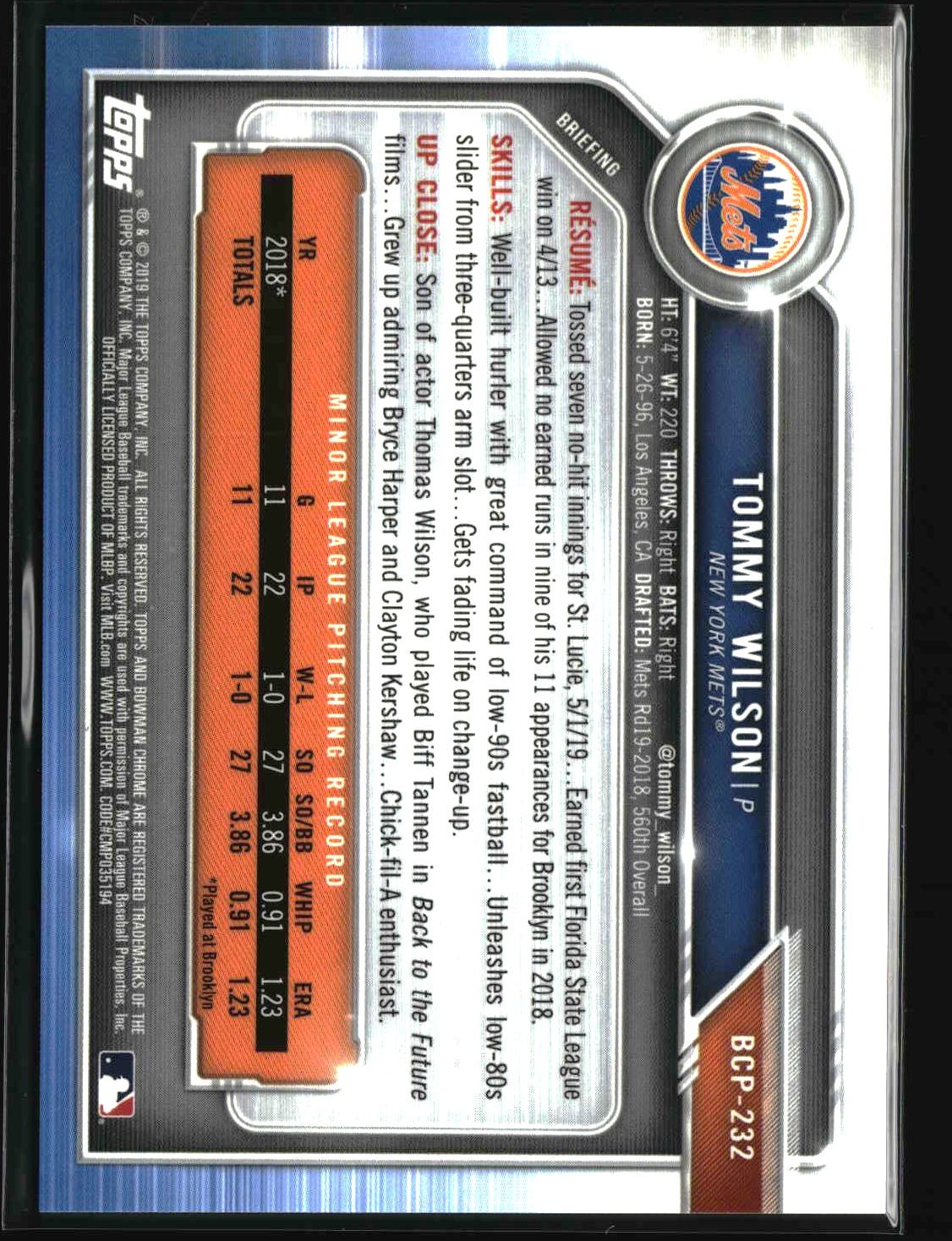 Tommy Wilson 2019 Bowman Chrome Prospects Green Refractor #BCP-232 #/99