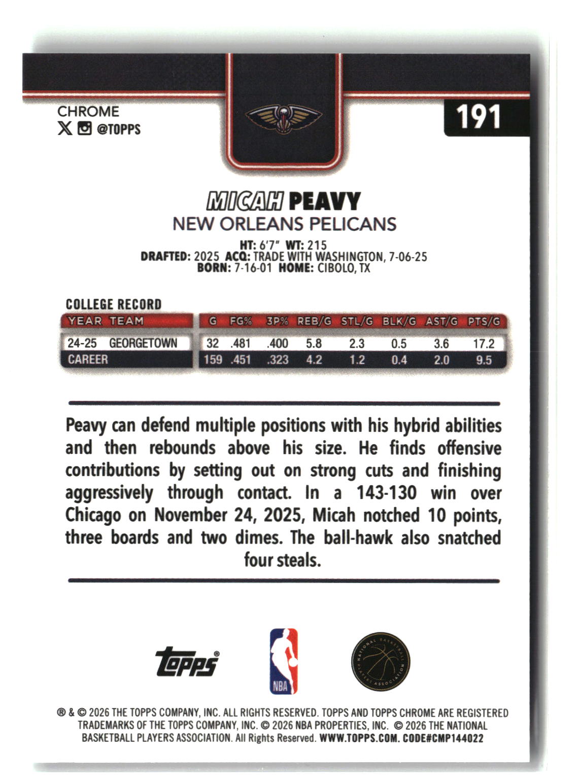 Micah Peavy 2025-26 Topps Chrome Update #191