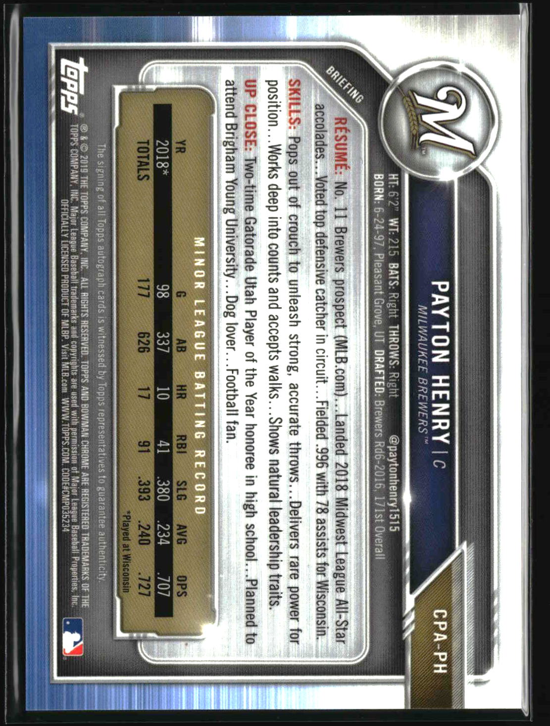 Payton Henry 2019 Bowman Chrome Prospects Autographs #CPA-PH
