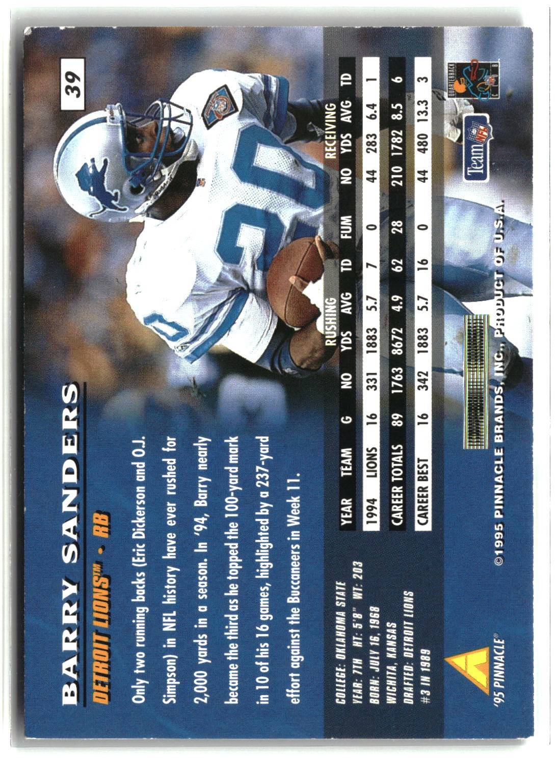 Barry Sanders 1995 Pinnacle #39