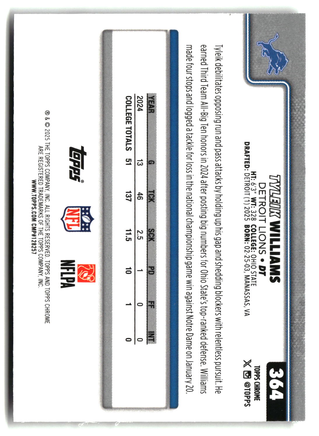 Tyleik Williams 2025 Topps Chrome #364