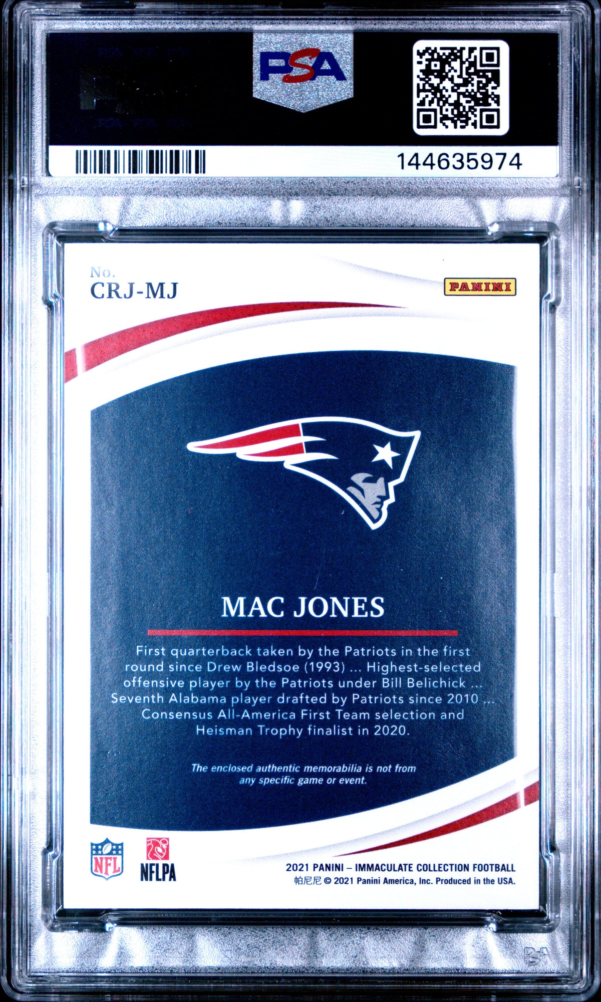 Mac Jones 2021 Clearly Immaculate Rookie Jerseys Prime #CRJ-MJ #/5 PSA 9