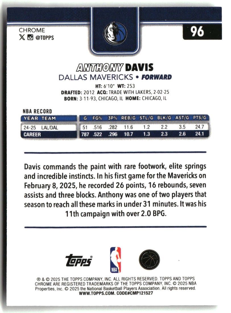 Anthony Davis 2025-26 Topps Chrome #96