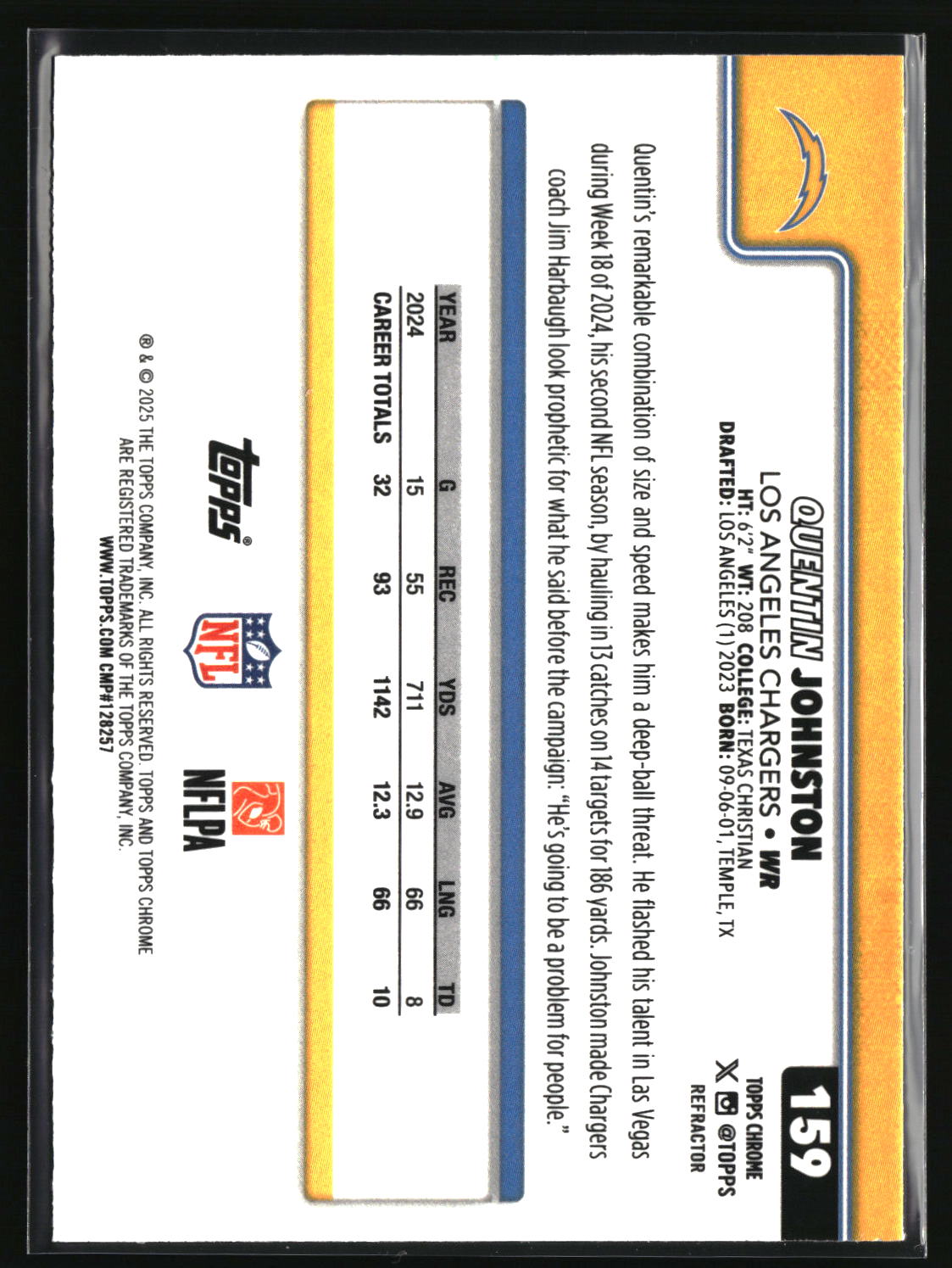 Quentin Johnston 2025 Topps Chrome - Topps Refractor #159