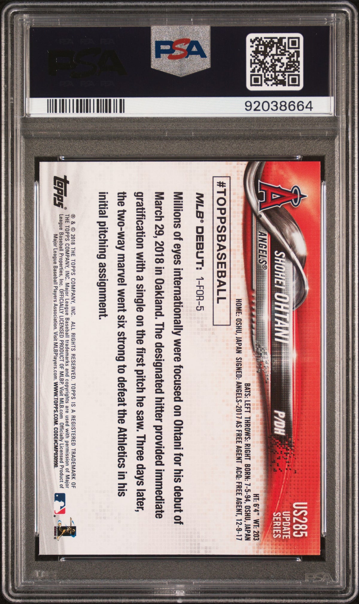 Shohei Ohtani 2018 Topps Update #US285 PSA 9