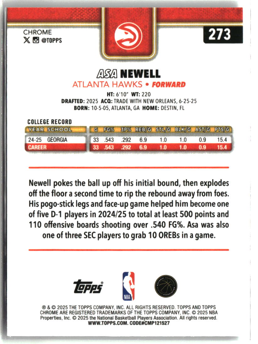 Asa Newell 2025-26 Topps Chrome #273
