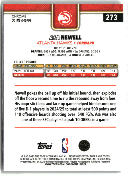 Asa Newell 2025-26 Topps Chrome #273