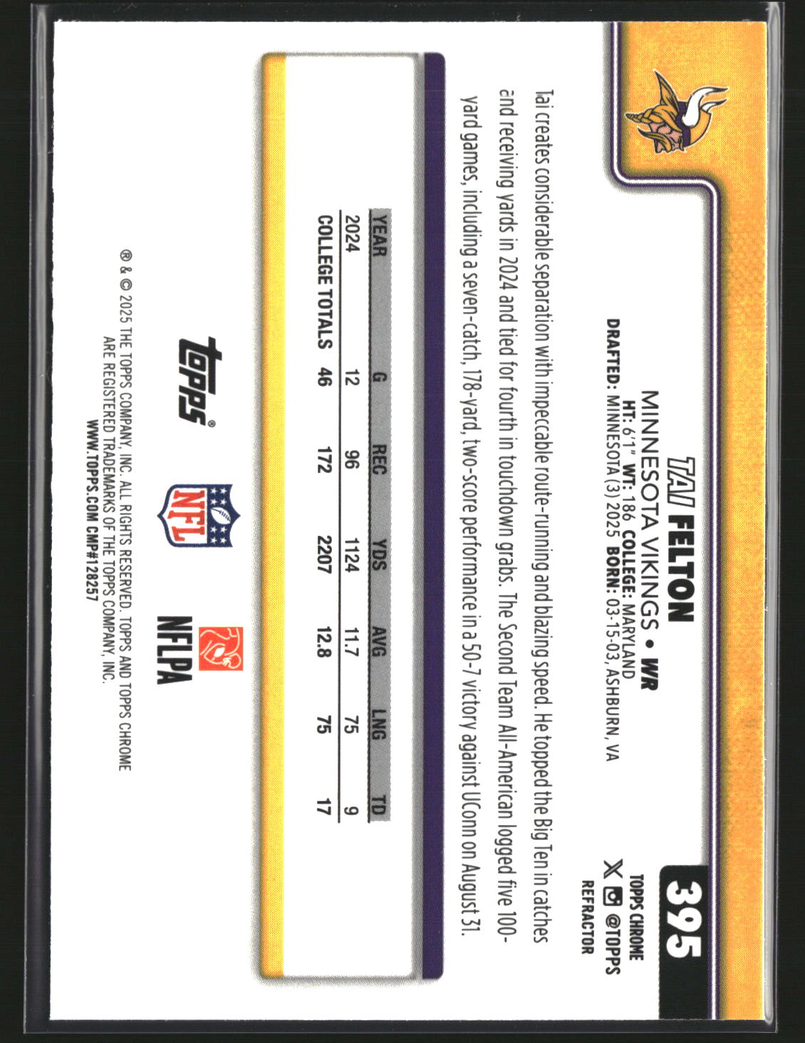 Tai Felton 2025 Topps Chrome Football Refractor #395