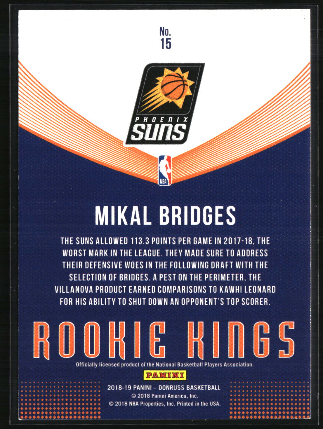 Mikal Bridges 2018-19 Donruss Rookie Kings Press Proof Orange #15 #/125