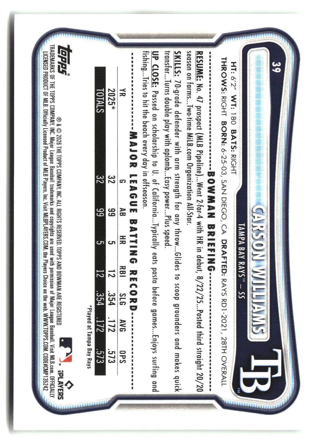 Carson Williams 2026 Bowman #39
