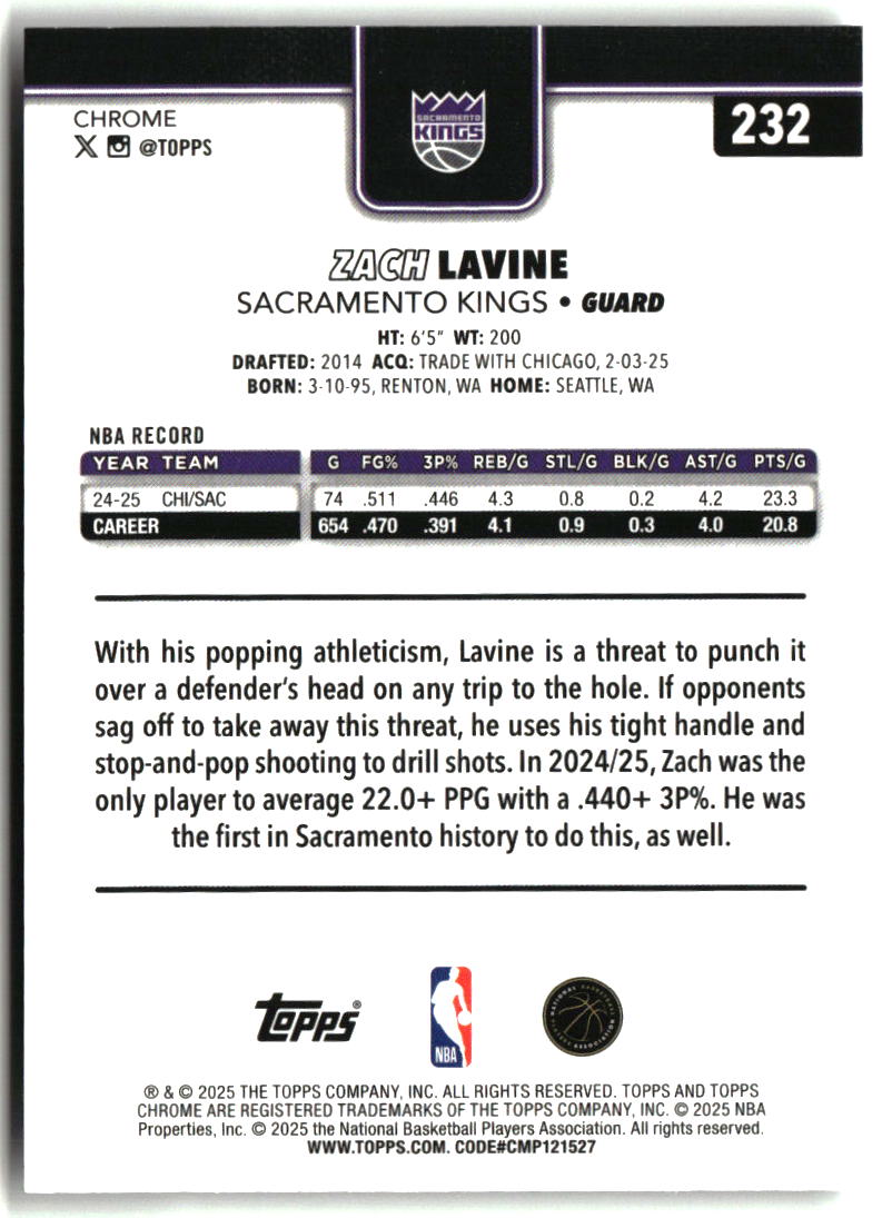 Zach LaVine 2025-26 Topps Chrome Prism Refractor #232